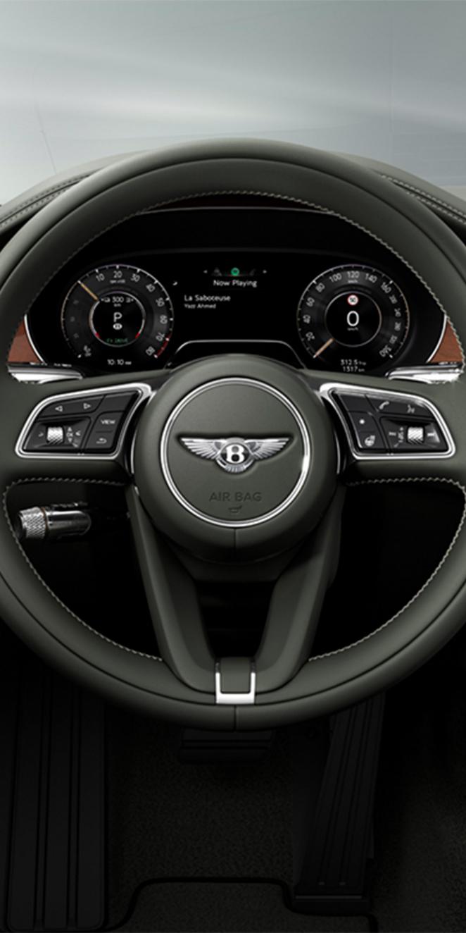 Close up of a Beluga main hide steering wheel in Continental GT