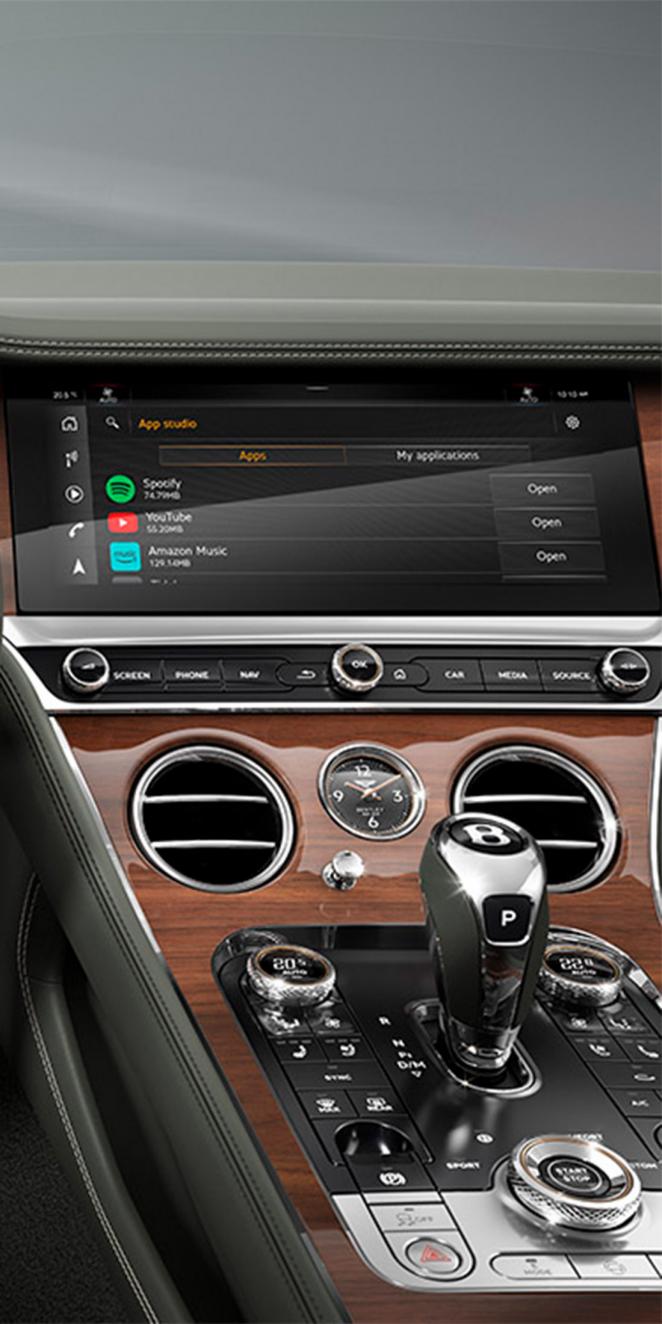 Close up of the MMI screen in the Continental GT featuring Bentley App Studio